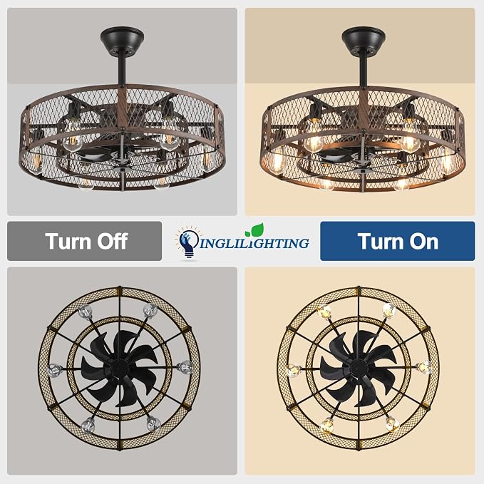 DLLT Caged Ceiling Fan with Lights: 26" Bladeless Fandelier with Light and Remote - Walnut Industrial Chandelier Fan Light for Bedroom Living Dining Room Kitchen
