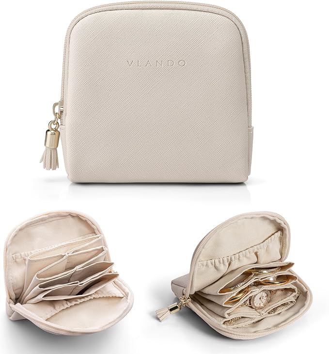 VLANDO Small Jewelry Travel Case,Jewelry Pouch Bags with Zipper,Velvet Jewelry Organizer Storage Bag for Bracelet Rings Earring Travel Essentials Gifts for Women Girl-Beige