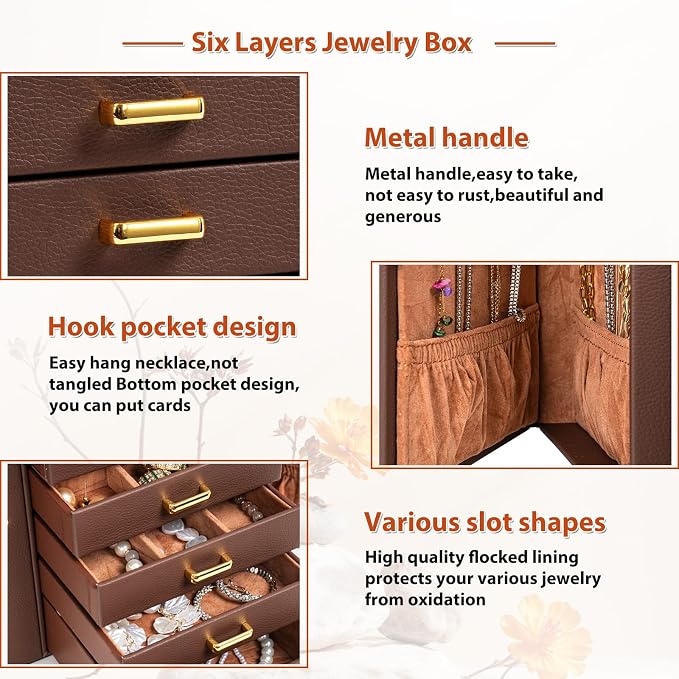 AKOZLIN 6-Tier Jewelry Box Organizer Functional 5 Drawers Leather Jewelry Storage Case for Women Girls Ring Necklace Earring Bracelet Holder Organizer with Mirror Brown Regular