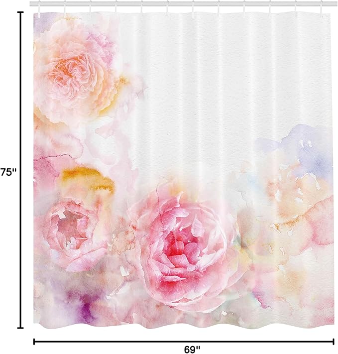 Ambesonne Shabby Flora Shower Curtain, Nature Garden Romantic Victorian Flowers Roses Leaves Image, Cloth Fabric Bathroom Decor Set with Hooks, 69" W x 75" L, Pale Pink Hot Pink