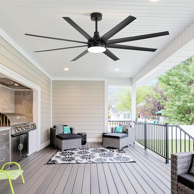 72 inch Ceiling Fans with Lights and Remote, 8 Reversible Blades, 6-Speed Quiet DC Motor, Timer, 3 Color LED Light, 2 Downrods, Industrial Black Indoor Ceiling Fan Fandeliers for Bedroom Living Room