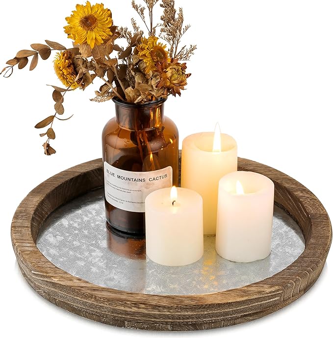 Hanobe Round Wood Candle Holder Trays, Coffee Table Decor for Centerpieces | Wooden Base with Zinc Iron plate, Decorative Tealight Candlestick for Kitchen Counter, Farmhouse Living Room Decor
