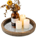 Hanobe Round Wood Candle Holder Trays, Coffee Table Decor for Centerpieces | Wooden Base with Zinc Iron plate, Decorative Tealight Candlestick for Kitchen Counter, Farmhouse Living Room Decor