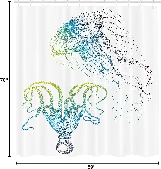 Ambesonne Octopus Shower Curtain, Octopus and Jellyfish Illustration Nautical Themed Art Underwater Wildlife Marine, Cloth Fabric Bathroom Decor Set with Hooks, 69" W x 70" L, Blue Eggshell