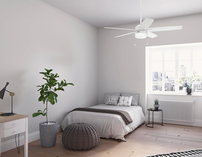 Hunter 52 inch Indoor Ceiling Fan with LED Light - White Ceiling Fan with Pull Chain, for Bedroom or Living Room, Standard Mount, No Remote, 5 Blades, Includes Bulbs - Anisten 52487, Fresh White | Standard Mount, Pull Chain, 5 Blades, For Bedroom, Livi...