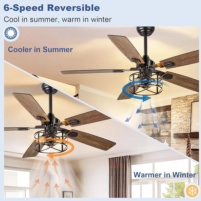 Depuley 52-Inch Ceiling Fans with Lights: Caged Ceiling Fans Dual Finish 5 Blades - Rustic Ceiling Fan with Remote Control for Farmhouse Living Room Outdoor Porch Noiseless (Black Walnut)