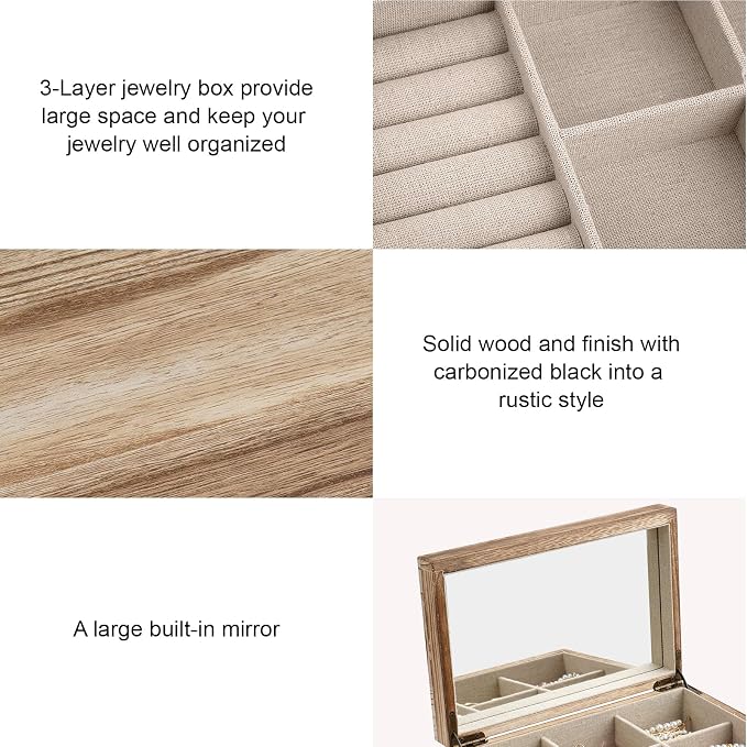 Meangood Jewelry Box Organizer for Women, 3 Layer Large Jewelry Storage Case, Rustic Wooden Jewelry Box with Mirror & Ring Tray for Necklace Earring Bracelets Rings, Vintage Style (Carbonized Black)