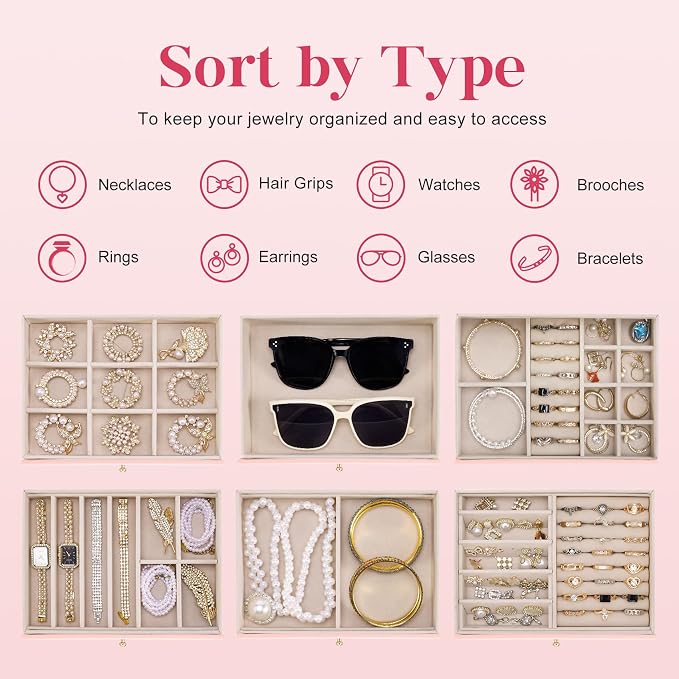 Dajasan Large Jewelry Organizer Box, 6-Tier Jewelry Storage Case with 5 Drawers, Jewelry Boxes for Women Girls with Mirror, Double Door, Textured PU Leather, Gift Idea, Stylish (Pink + Gold)