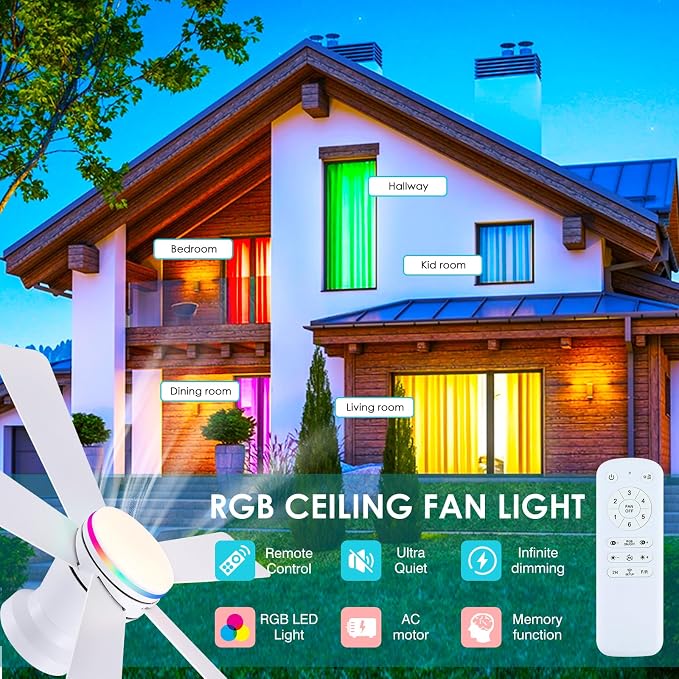Hounberi 46 Inch Flush Mount Ceiling Fan with RGB Light and Remote, Modern White Low Profile Ceiling Fan for Low Ceilings, 3CCT Dimmable LED, 6 Speeds Quiet Reversible Motor for Bedroom & Living Room