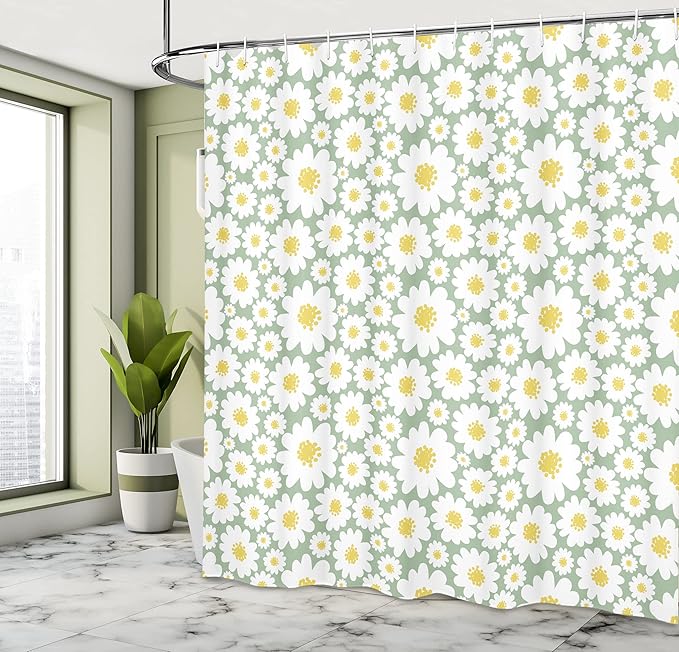 Ambesonne Floral Shower Curtain, Pastel Cartoon Like Flowers Daisies Spring Time Season Artwork Print, Cloth Fabric Bathroom Decor Set with Hooks, 69" W x 75" L, Pale Green