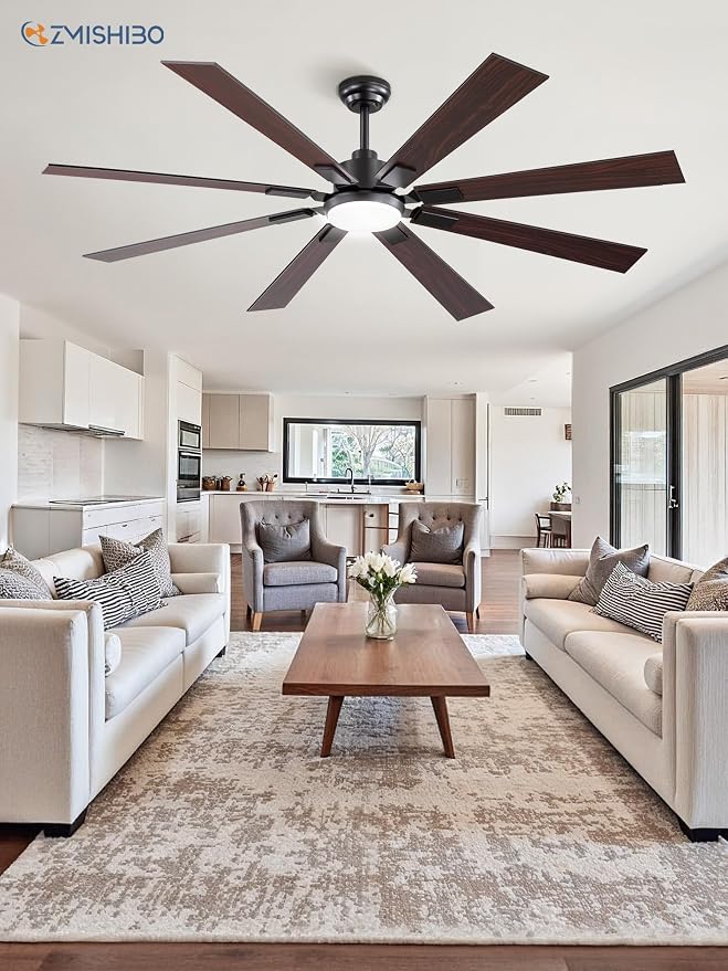 ZMISHIBO 65" Black Ceiling Fan with Dimmable 3000-6000K Light and Remote | 65 Inch Large Ceiling Fan, Quiet Reversible DC Motor, 6 Speeds, 8-Blades, Great for Living Room, Bedroom, Covered Patio
