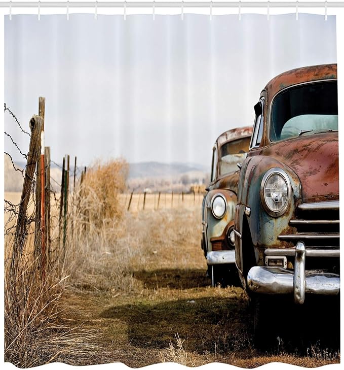Ambesonne Vintage Car Shower Curtain, Classic Abandoned Rusty Wyoming Cars Antique Pictures Old Trucks Countryside, Cloth Fabric Bathroom Decor Set with Hooks, 69" W x 70" L, Brown Sepia