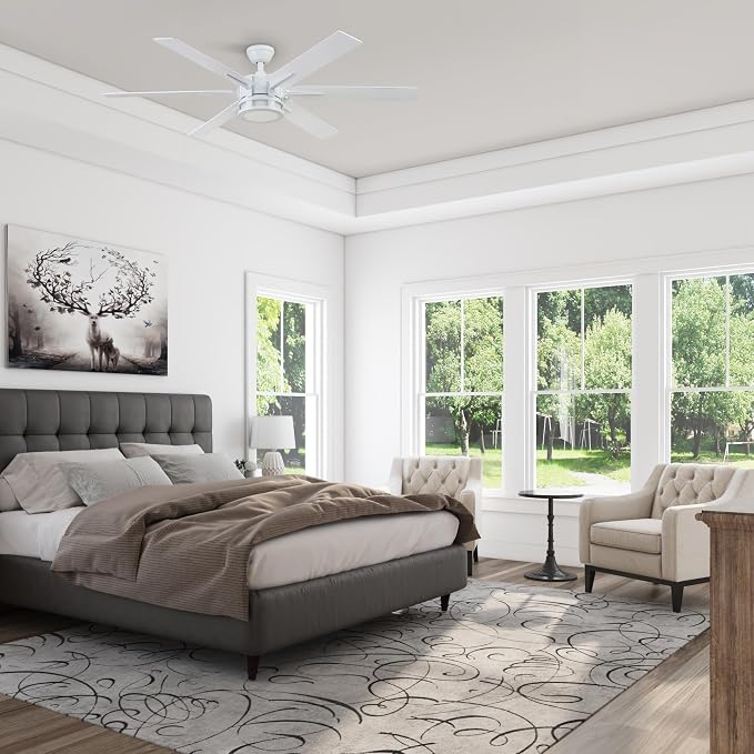 Honeywell Ceiling Fans Kaliza Modern 56 Inch Ceiling Fan with Light, Remote Control Fan, LED Indoor Fan with 6 Blades, Gray Wash and White Blade Finish Options, White (51477-01)