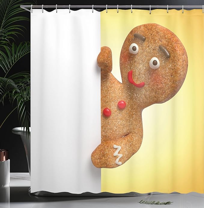 Ambesonne Gingerbread Man Shower Curtain, Gingerbread Man Holding a White Page Funny Xmas Character Print, Cloth Fabric Bathroom Decor Set with Hooks, 69" W x 75" L, Multicolor