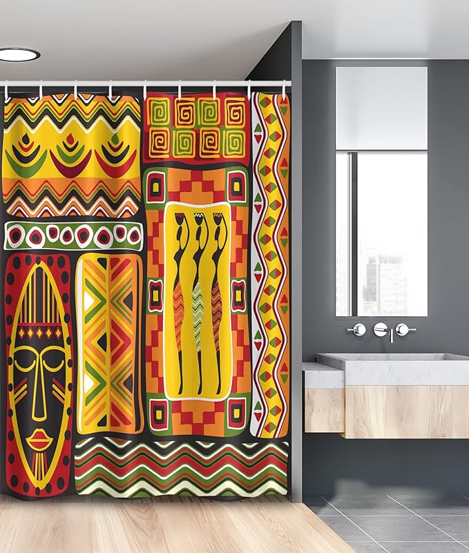 Ambesonne African Stall Shower Curtain, Elements Historical Original Striped and Rectangle Shapes Design, Fabric Bathroom Decor Set with Hooks, 54" W x 78" L, Scarlet Yellow