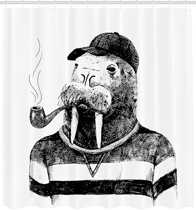 Ambesonne Indie Shower Curtain, Hand Drawn Dressed up Walrus Animal Long Teeth Smoking Antromorphic Sketch Art, Cloth Fabric Bathroom Decor Set with Hooks, 69" W x 84" L, White Black