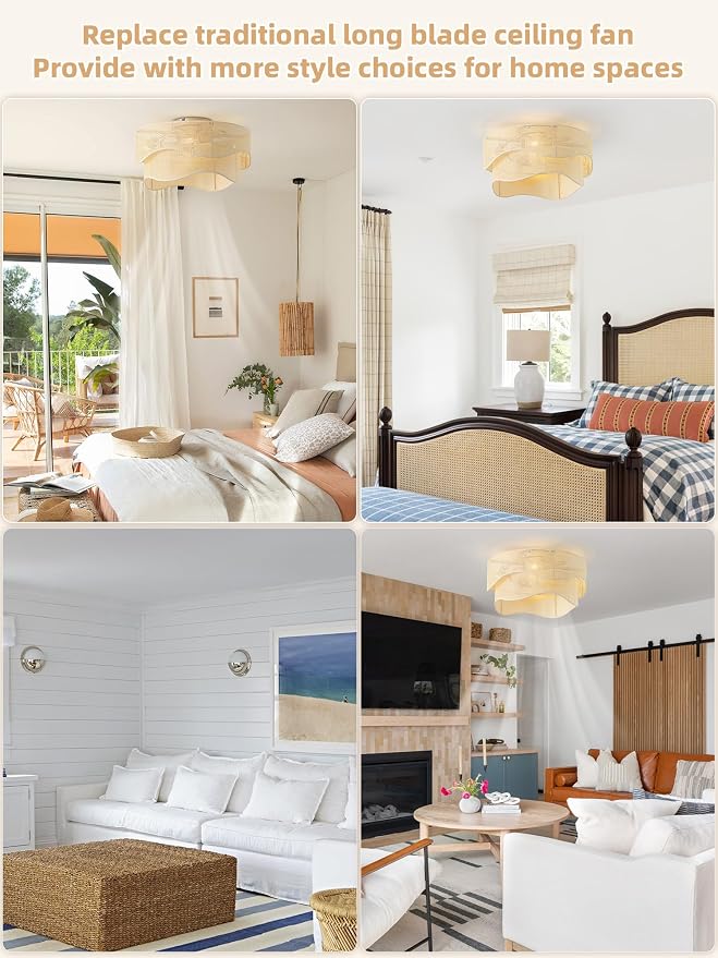 Flush Mount Ceiling Fan with Lights, 20" Low Profile Boho Ceiling Fan with Light Remote Control, Caged Rattan with 6 Speeds for Bedroom, Nursery, Living Room