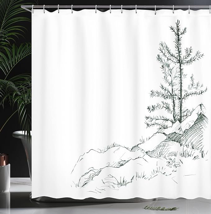 Ambesonne Sketchy Shower Curtain, Young Thin Pine Trees on Rocks Ecology Forest Park Habitat Landscape Sketch Print, Cloth Fabric Bathroom Decor Set with Hooks, 69" W x 75" L, White Charcoal