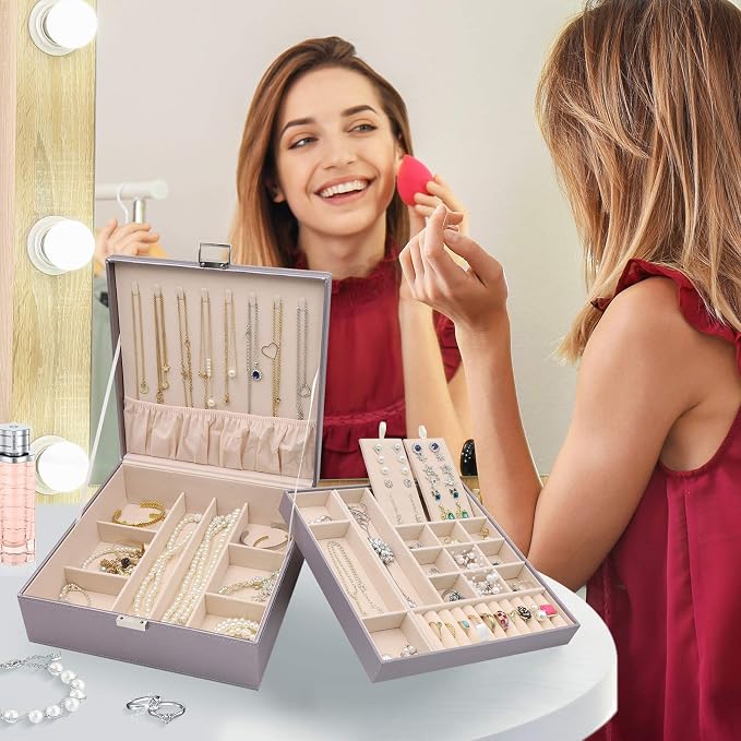 ProCase 2 Layers Jewelry Box for Women -Pearlizedsilver | Large Leather Jewelry Organizer Storage Case with Removable Pad for Earrings