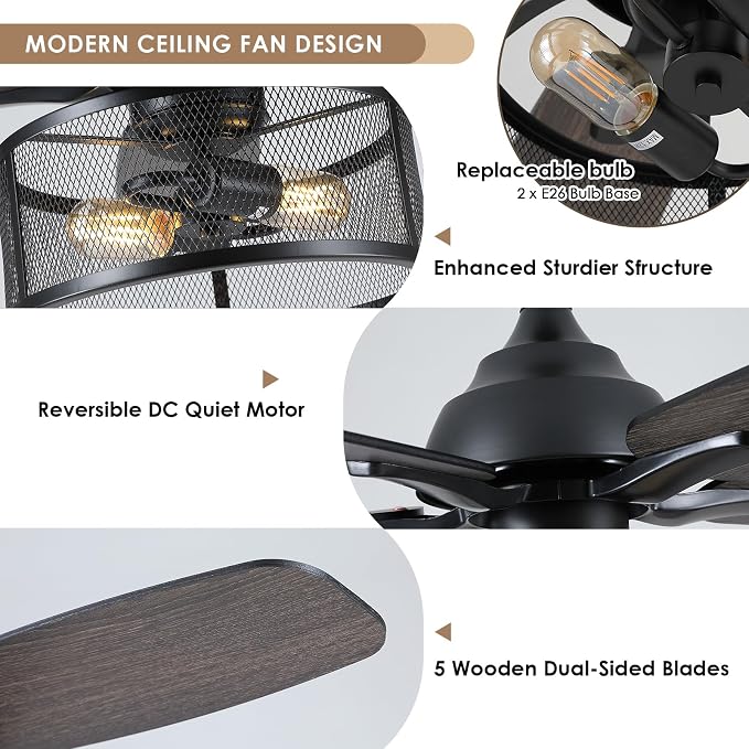 Hounberi 56 Inch Farmhouse Ceiling Fans with Lights and Remote Control | 6-Speed Reversible DC Motor, 5 Double Finish Blades, Black Caged Ceiling Fan with Light for Bedroom, Living Room, Kitchen
