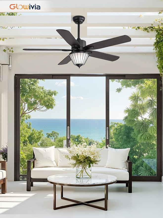 52 Inch Outdoor Ceiling Fans with Lights for Patios, IP65 Waterproof, Remote Control, 6-Speeds, Reversible DC Motor, 5 Dual Finish Blades, Wet-rated Ceiling Fan for Patio Gazebo Porch Pavilion (Black)