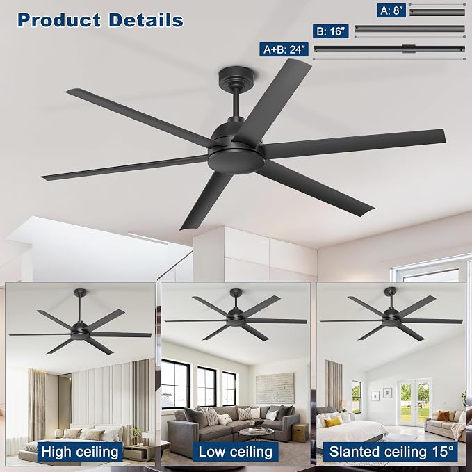 65 Inch Ceiling Fan No Light - Black Ceiling Fan with Remote & APP Control, Quiet Reversible DC Motor, 6 Blades, Indoor Outdoor Ceiling Fans without Light for Patio Living Room Garage Shop