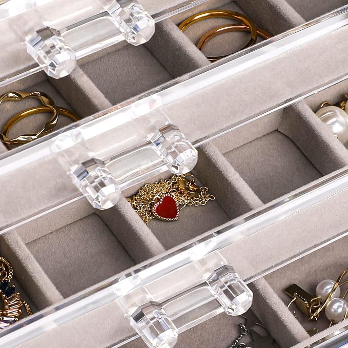 Frebeauty Acrylic Jewelry Organizer Earring Organizer Box with 5 Drawers Earring Holder Organizer with Velvet Trays Clear Jewelry Box for Women Earring Display for Rings Studs(Grey) | 61 Jewelry Storage Grid for Rings Studs Bracelet,Velvet Lining,Trans...