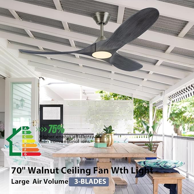 70 inch Large Ceiling Fans with Light, Modern Smart Ceiling Fan with Tuya App/ Alexa/ Google Assistant, Gray Solid Wood Ceiling Fan with Rebersible DC Motor, 3 Blades for Commercial Shop Living Room