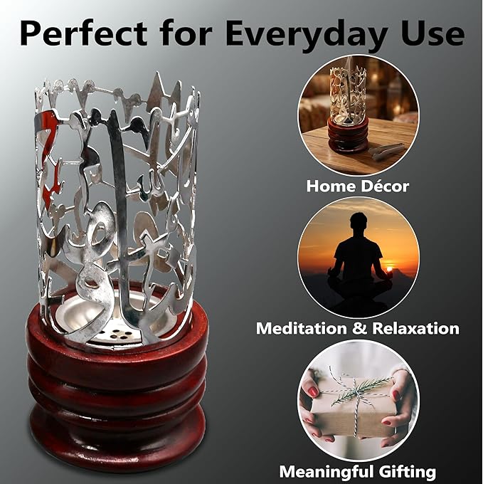 AM Bakhoor Calligraphy Incense Burner - Metalic Resin Cone Holder | Wooden Base | Frankincense Charcoal Burner Mabkhara | Spiritual Gifts for Office & Home Decor (Silver)