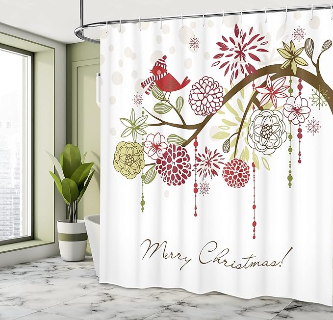 Ambesonne Christmas Shower Curtain, Floral Winter Red Bird Hat and Scarf on Blooming Tree Nature Inspired, Cloth Fabric Bathroom Decor Set with Hooks, 69" W x 70" L, Green White