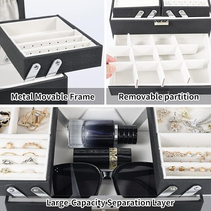 Dajasan Jewelry Organizer Box, Large Jewelry Boxes for Women Girls, Space-Saving 4 Layers Jewelry Storage Case with Drawer, Movable Metal Stand, Modern, Gift Idea (Black + Silver)
