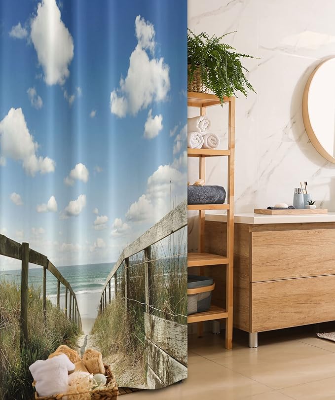Ambesonne Beach Stall Shower Curtain, Sandy Path Leads to Ocean Pacific Puffy Clouds Vacation Serene Relaxing Beach, Fabric Bathroom Decor Set with Hooks, 36" W x 72" L, White Cream