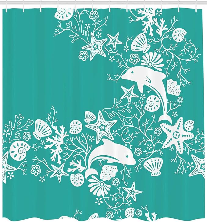 Ambesonne Sea Animals Shower Curtain, Dolphins Flowers Sea Floral Pattern Starfish Coral Seashell Composition, Cloth Fabric Bathroom Decor Set with Hooks, 69" W x 84" L, Sea Green White