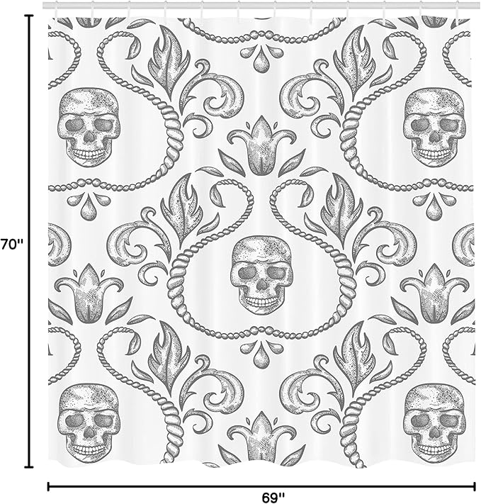 Ambesonne Gothic Shower Curtain, Ornament Skull Goth Skeleton Floral Motifs in Baroque Style Illustration, Cloth Fabric Bathroom Decor Set with Hooks, 69" W x 70" L, Pale Grey
