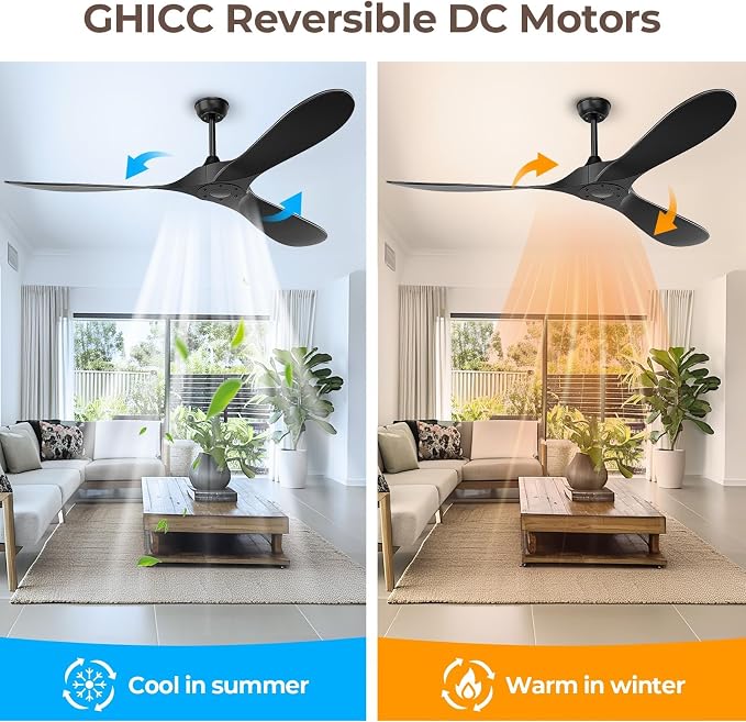 Obabala 60 Inch Ceiling Fan Without Lights, Black | Outdoor Ceiling Fan with Remote, 6-Speed Adjustable Reversible DC Motor for Patio & Living Room Black