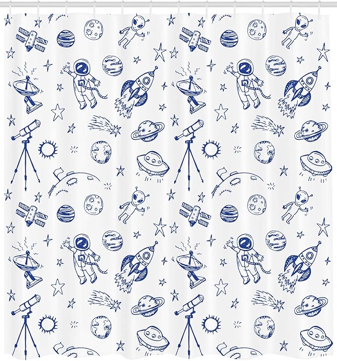 Ambesonne Sketchy Shower Curtain, Original Outer Space Featured Celestial Planetary Solar System Properties Graphic, Cloth Fabric Bathroom Decor Set with Hooks, 69" W x 84" L, White Azure