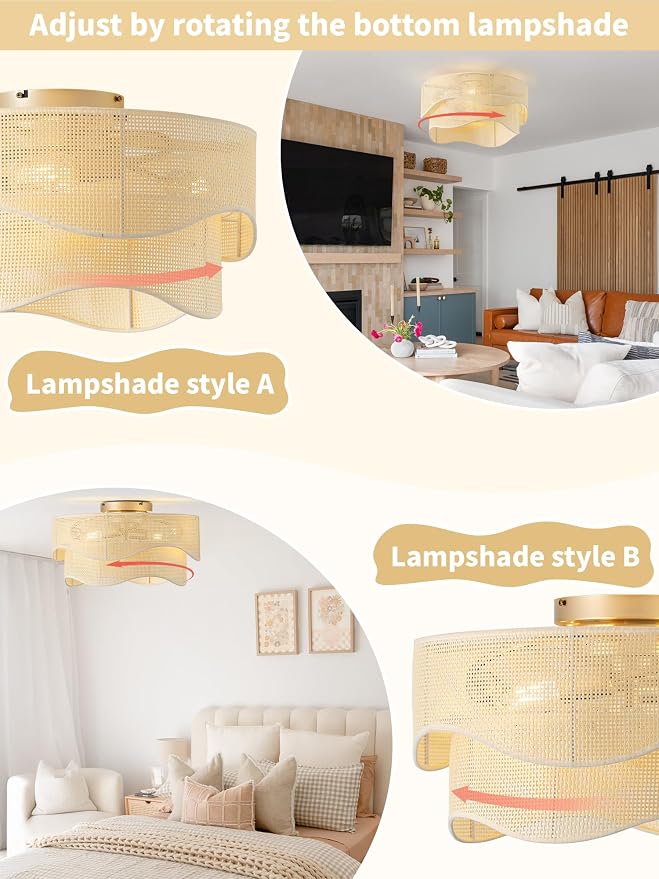 Flush Mount Ceiling Fan with Lights, 20" Low Profile Boho Ceiling Fan with Light Remote Control, Caged Rattan with 6 Speeds for Bedroom, Nursery, Living Room