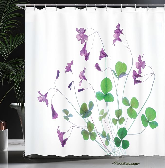 Ambesonne Flower Shower Curtain, Springtime Garden Wildflowers and Clovers Modern Floral Theme Graphic Print, Cloth Fabric Bathroom Decor Set with Hooks, 69" W x 70" L, Purple White