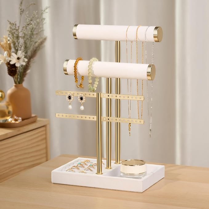 Jewelry Organizer Stand for Necklaces, Bracelets, Earrings, Rings, White | 3 Tier Velvet Bracelet Holder Display | Jewelry Organizers and Storage | Jewelry Tree | Jewelry Towers