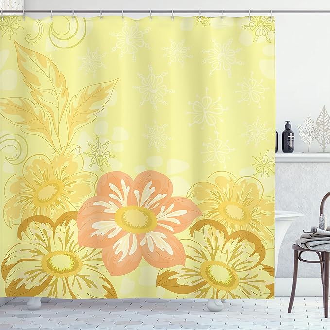 Ambesonne Yellow Shower Curtain, Mexican Dahlia Flower and Silhouette of Curving Leave on Ornate Background, Cloth Fabric Bathroom Decor Set with Hooks, 69" W x 70" L, Yellow Pink