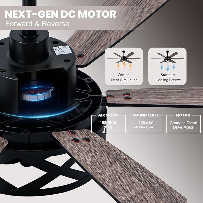 Dawn Whisper 60 Inch Farmhouse Ceiling Fans with Lights and Remote Large Black Caged Rustic Chandelier Ceiling Fan for Bedroom Living Room Quiet and Reversible DC Motor 6 Speeds