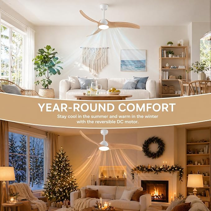 52 inch Ceiling Fan with Light, White/Wood Reversible Blades | Modern Low Profile Flush Mount, 3-Speed Reversible DC Motor, Dimmable 3-Color LED, Remote Control for Bedroom Living Room