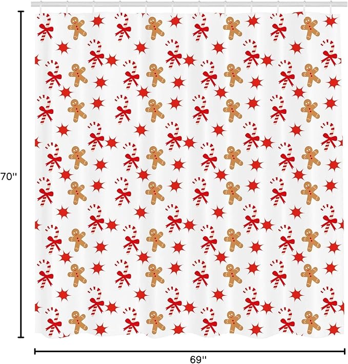 Ambesonne Gingerbread Man Shower Curtain, Candy Cane with Bowties Red Star Gingerbread Man Pattern, Cloth Fabric Bathroom Decor Set with Hooks, 69" W x 70" L, Sand Brown Orange