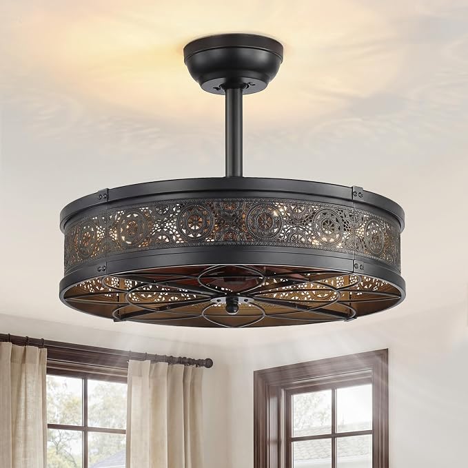 LEDIARY Farmhouse Chandelier Ceiling Fan with Light,20 Inch Black Caged Enclosed Bladeless Fan Lights Ceiling Fixtures,Vintage Victorian Rustic Fandelier for Indoor,Kitchen,Bedroom,Living Room