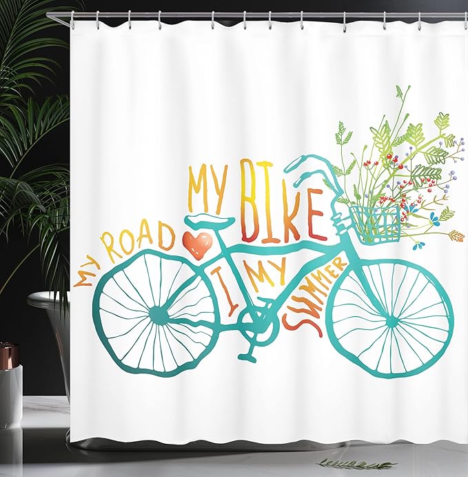 Ambesonne Bicycle Shower Curtain, Vintage Summer Bike a Floral Bouquet Vehicle for Transport Illustration, Cloth Fabric Bathroom Decor Set with Hooks, 69" W x 70" L, Turquoise Yellow