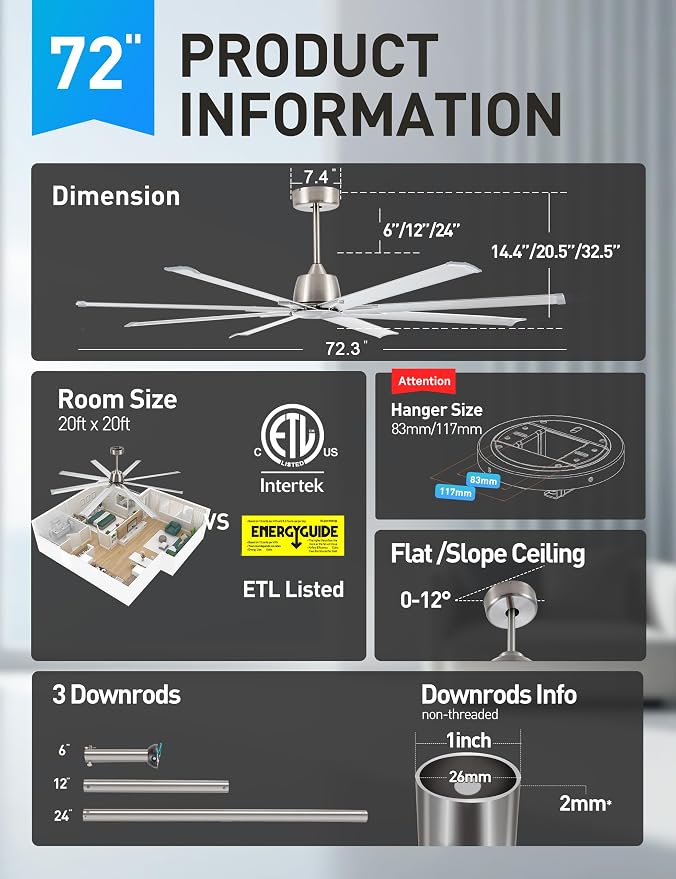 Minislak 72 Inch Ceiling Fan Without Light with 8 Brushed Nickel Aluminum Blades,Industrial Ceilin fan with Remote,6 Speed,Quiet DC Motor,Large Outdoor Indoor Ceiling Fan for Patio,Garage,Living Room