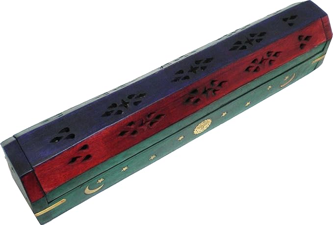 New Age Carved Coffin Celestial Brass Inlay Ash Catcher Incense Stick & Cone Holder [12"] - ID#142001