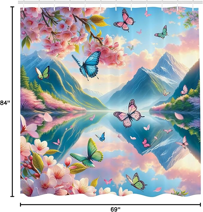 Ambesonne Lake Shower Curtain, Flying Spring Butterflies and Blooming Cherry Blossoms Mountain Reflections, Cloth Fabric Bathroom Decor Set with Hooks, 69" W x 84" L, Pink Sky Blue Green