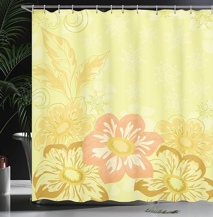 Ambesonne Yellow Shower Curtain, Mexican Dahlia Flower and Silhouette of Curving Leave on Ornate Background, Cloth Fabric Bathroom Decor Set with Hooks, 69" W x 70" L, Yellow Pink