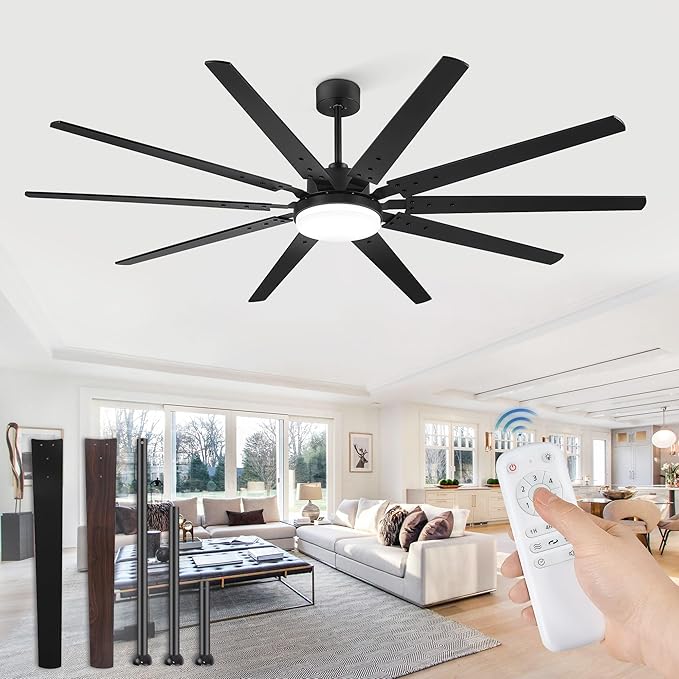 84 Inch Industrial Ceiling Fans with Lights, Large Ceiling Fan with Quiet DC Motor, 10 Reverisble Dual-Color Blades, 3CCT,6 Speeds,Black Commercial Indoor/Outdoor Ceiling Fans for Patios/Garage/Porch